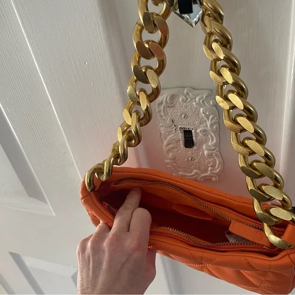 Mango Orange Quilted Baguette Purse with Gold Chain - Picture 5 of 16